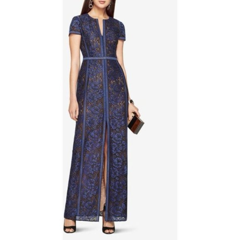 BCBG Blue Maxi Gown with Slit and Crew Neck